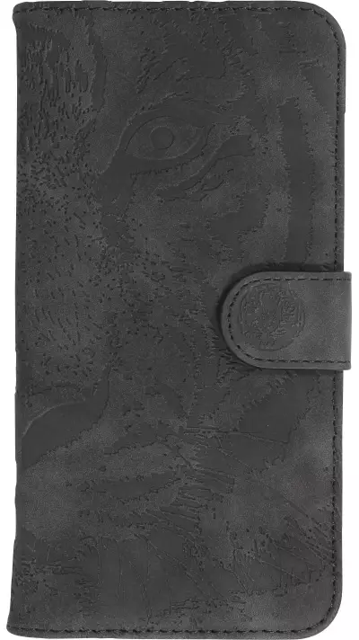 iPhone 15 Pro Max Case Hülle - 3D Flip Kunstleder Auge des Tigers - Schwarz