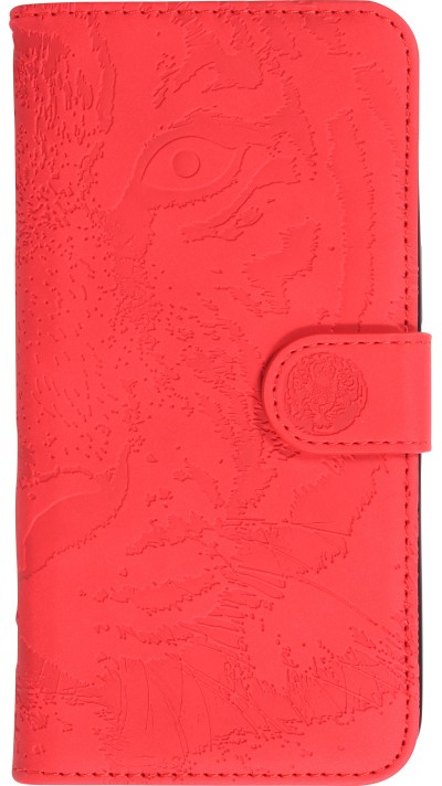 iPhone 15 Pro Max Case Hülle - 3D Flip Kunstleder Auge des Tigers - Rot