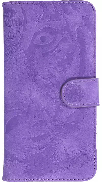 iPhone 15 Pro Max Case Hülle - 3D Flip Kunstleder Auge des Tigers - Violett