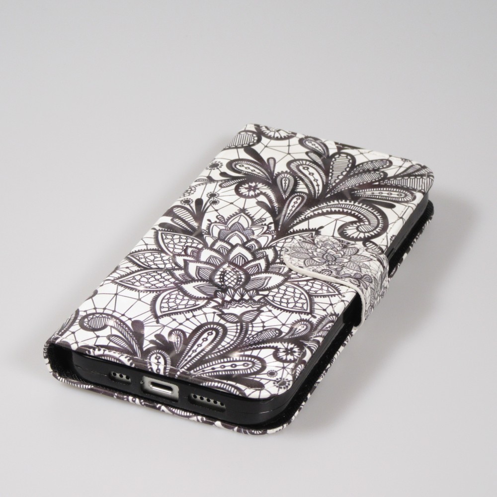 Fourre iPhone 14 Pro Max - Flip - Black & White Mandala - Blanc