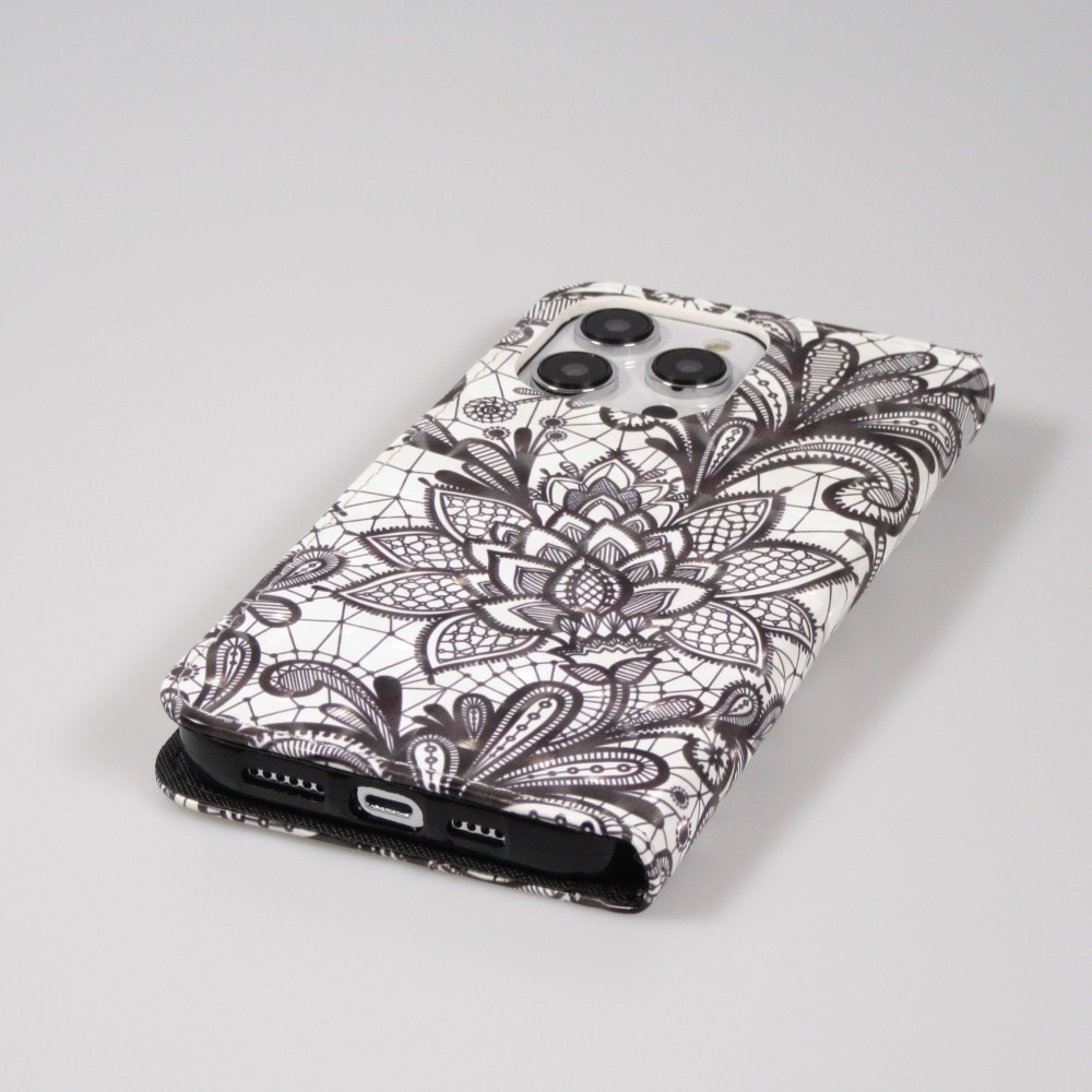 Fourre iPhone 14 Pro Max - Flip - Black & White Mandala - Blanc