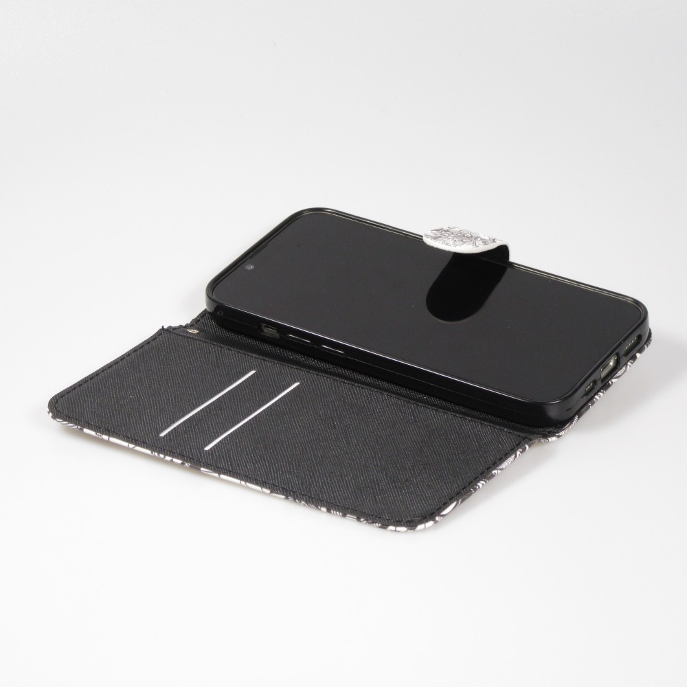 Fourre iPhone 14 Pro Max - Flip - Black & White Mandala - Blanc