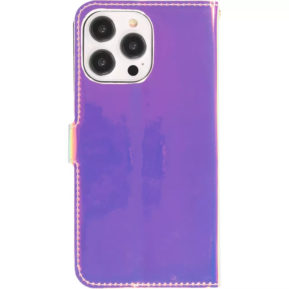 Fourre iPhone 14 Pro Max - Flip lisse brillant couleur magique avec dragonne - Purple Sunset