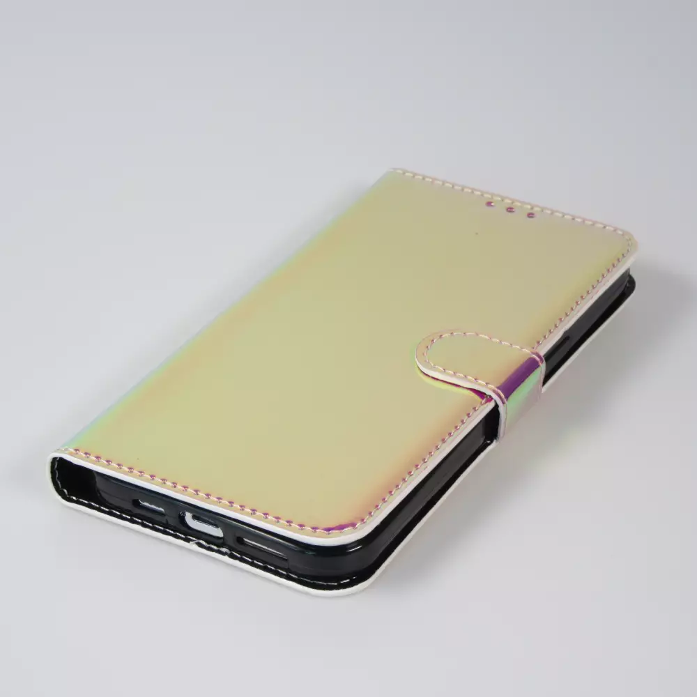 Fourre iPhone 14 Pro Max - Flip lisse brillant couleur magique avec dragonne - Purple Sunset