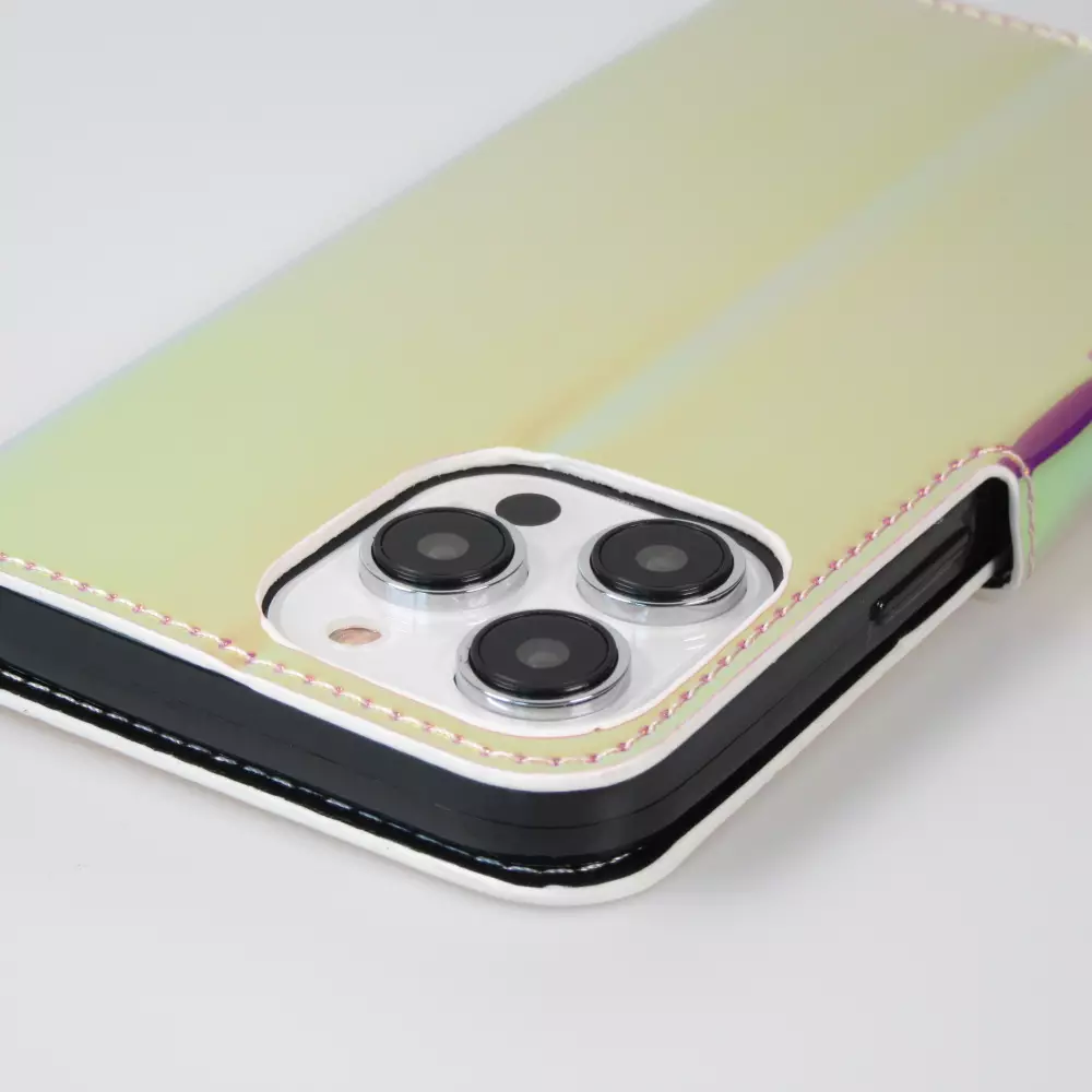 Fourre iPhone 14 Pro Max - Flip lisse brillant couleur magique avec dragonne - Purple Sunset