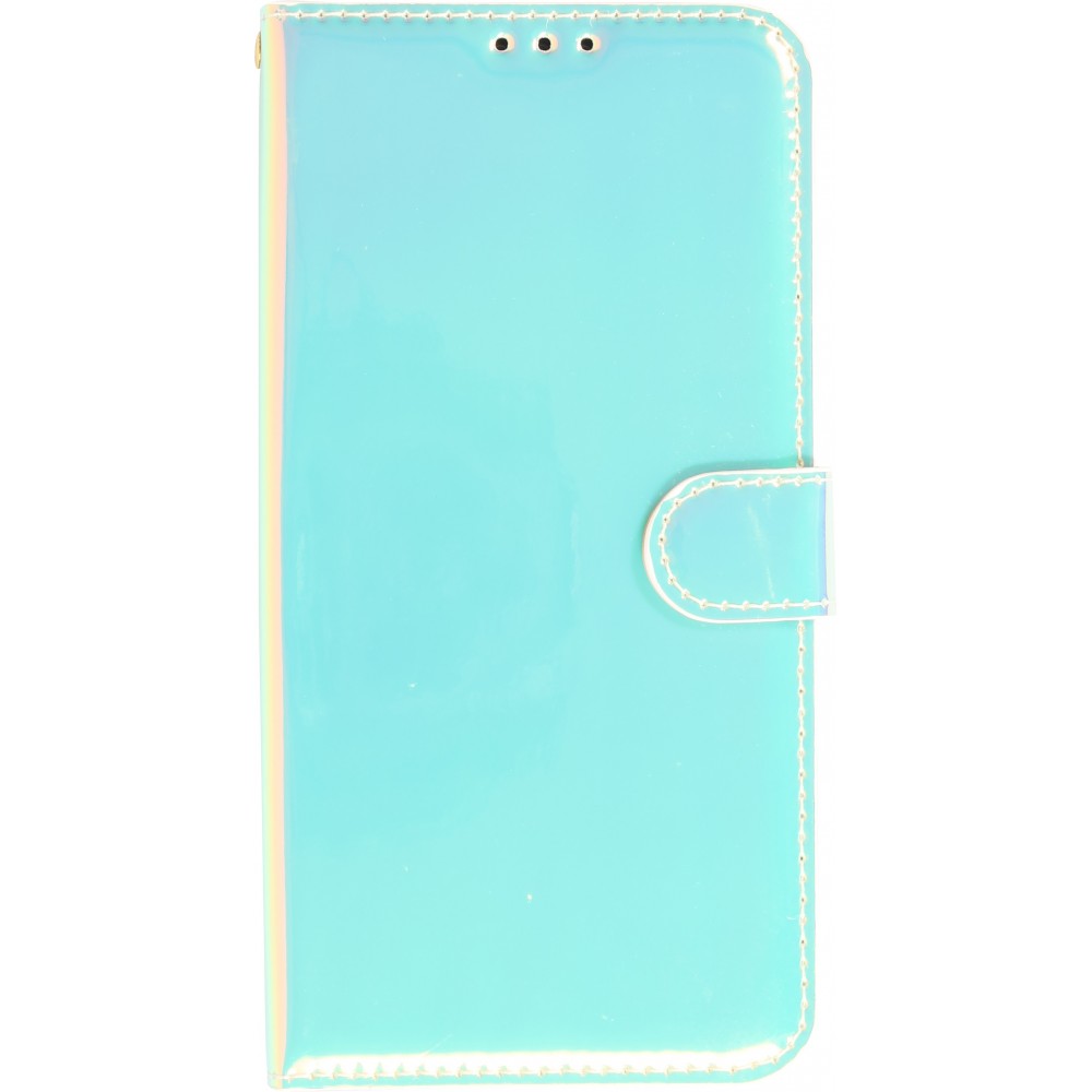 Fourre iPhone 14 Pro Max - Flip lisse brillant couleur magique avec dragonne - Blue Lagoon