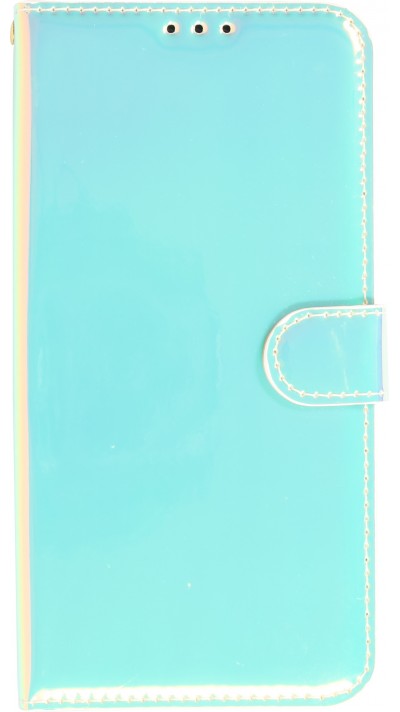 Fourre iPhone 14 Pro Max - Flip lisse brillant couleur magique avec dragonne - Blue Lagoon