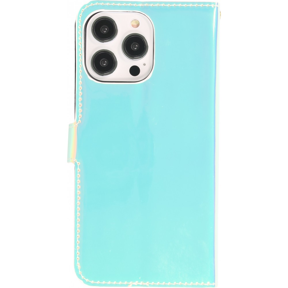 Fourre iPhone 14 Pro Max - Flip lisse brillant couleur magique avec dragonne - Blue Lagoon