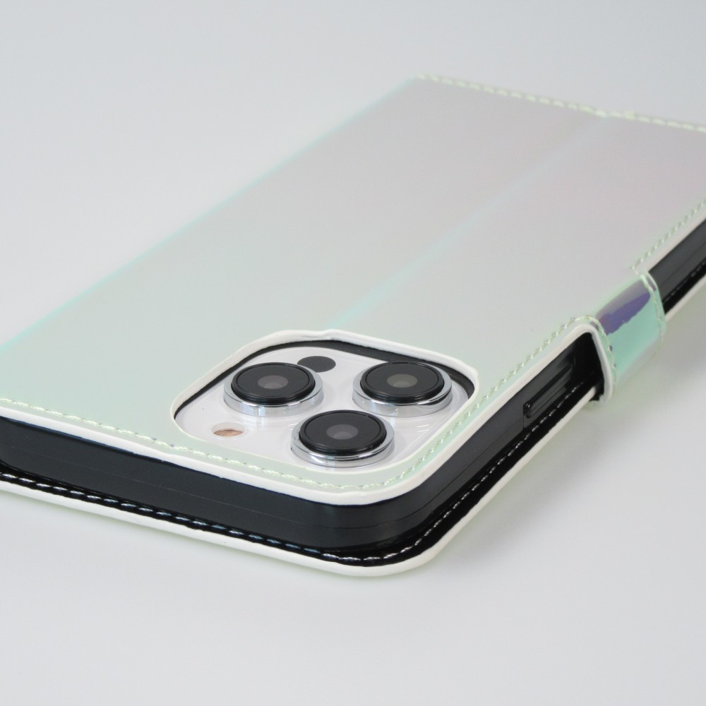 Fourre iPhone 14 Pro Max - Flip lisse brillant couleur magique avec dragonne - Blue Lagoon