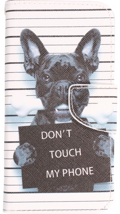 iPhone 14 Pro Case Hülle - Premium Wallet Flip-Magnetverschluss und Kartenfach - Festgenommener Hund - Weiss