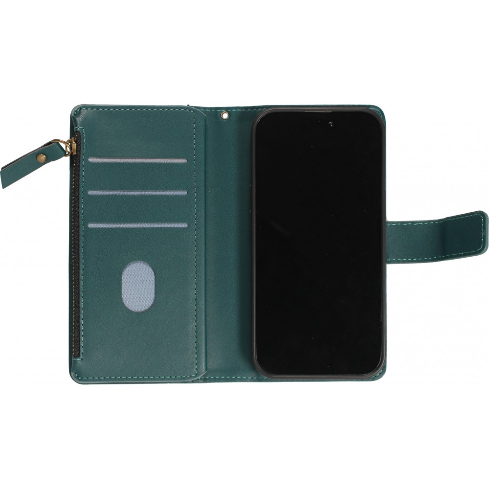 iPhone 15 Case Hülle - Brieftaschen-Hülle luxuriös und raffiniert mit Magnet Verschluss & Münz- und Kartenfach  - Grün