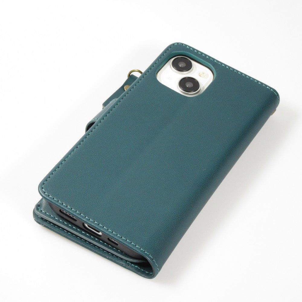 iPhone 15 Case Hülle - Brieftaschen-Hülle luxuriös und raffiniert mit Magnet Verschluss & Münz- und Kartenfach  - Grün