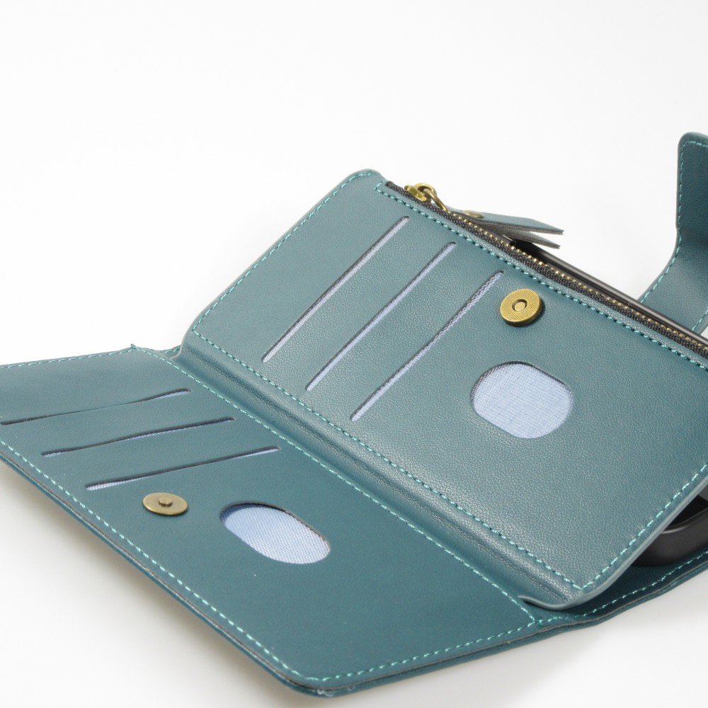 iPhone 15 Case Hülle - Brieftaschen-Hülle luxuriös und raffiniert mit Magnet Verschluss & Münz- und Kartenfach  - Grün