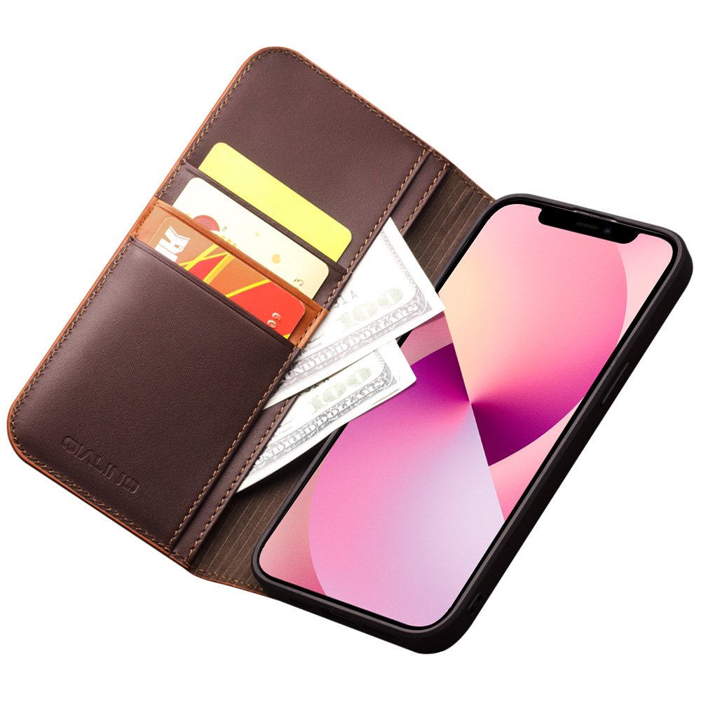 iPhone 15 Case Hülle - Qialino Flip Echtleder - Matt dunkelbraun