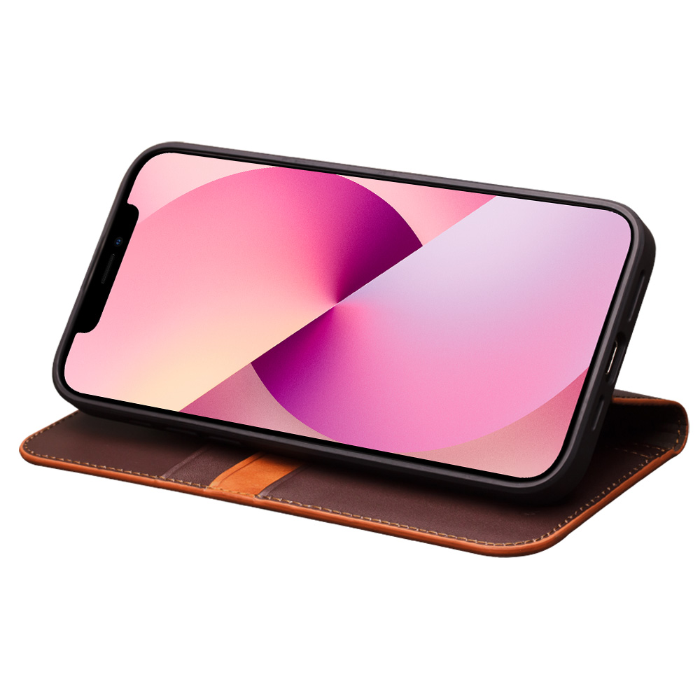 iPhone 15 Case Hülle - Qialino Flip Echtleder - Matt dunkelbraun