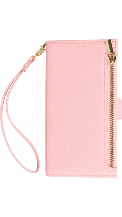 Fourre iPhone 15 Pro - Flip Wallet en cuir v&eacute;g&eacute;tal avec portefeuille et fermeture magn&eacute;tique - Rose