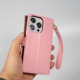 iPhone 15 Pro Case H&uuml;lle - Flip Wallet aus veganem Leder mit Brieftasche und Magnetverschluss - Rosa
