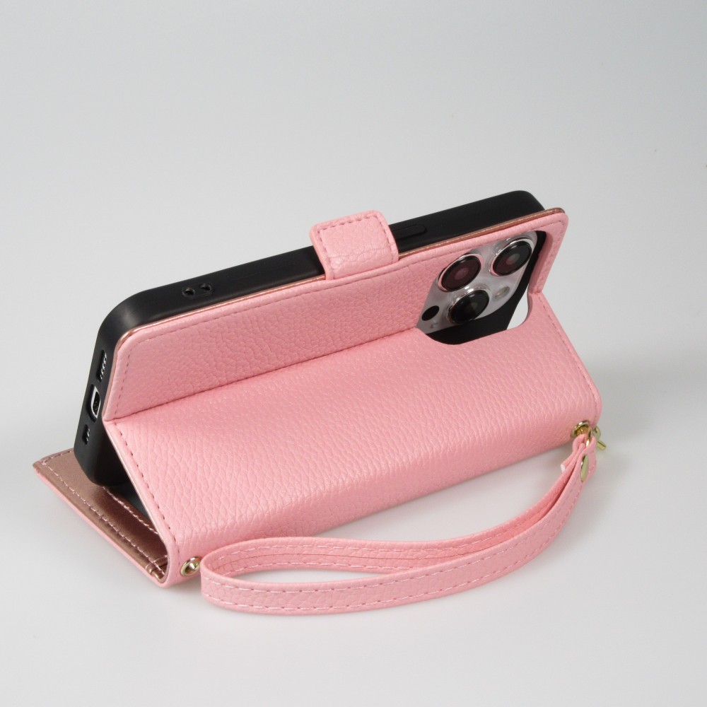 iPhone 15 Pro Case H&uuml;lle - Flip Wallet aus veganem Leder mit Brieftasche und Magnetverschluss - Rosa