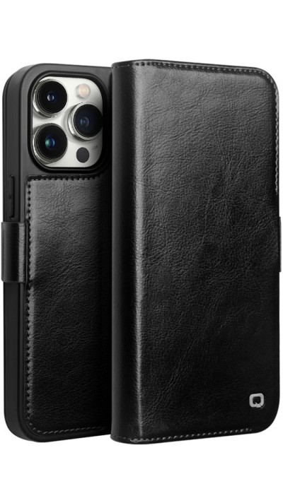 iPhone 15 Pro Case Hülle - Flip Qialino Echtleder mit magnetischem Verschluss - Schwarz