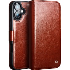 iPhone 16e Case Hülle - Flip Qialino Echtleder mit magnetischem Verschluss - Braun