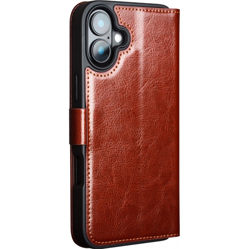 iPhone 16e Case Hülle - Flip Qialino Echtleder mit magnetischem Verschluss - Braun