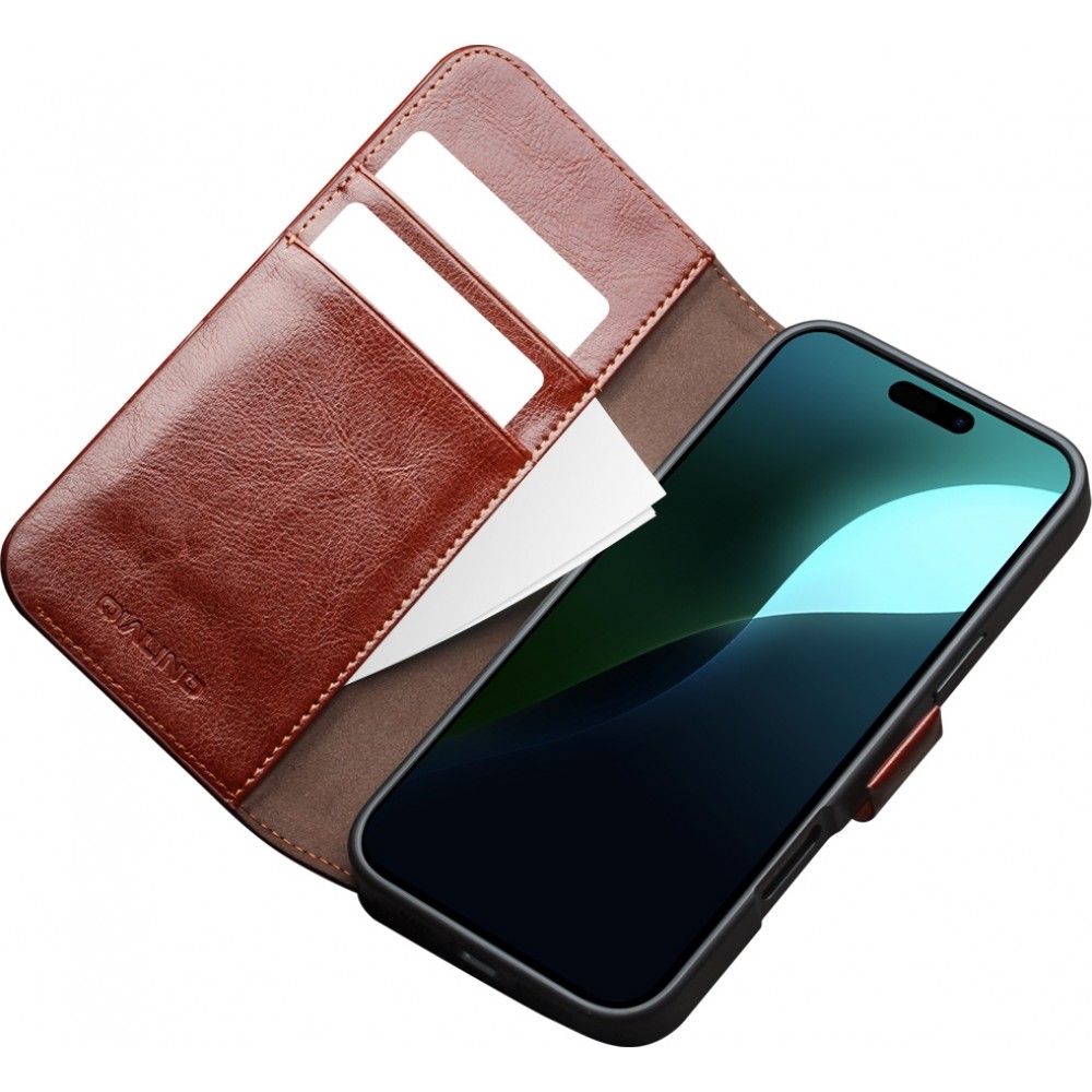 iPhone 16e Case Hülle - Flip Qialino Echtleder mit magnetischem Verschluss - Braun