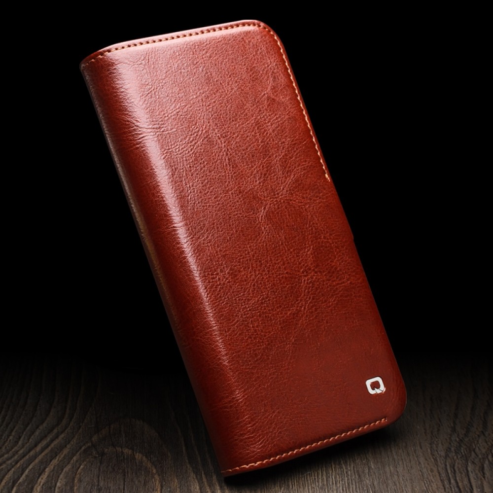 iPhone 16e Case Hülle - Flip Qialino Echtleder mit magnetischem Verschluss - Braun