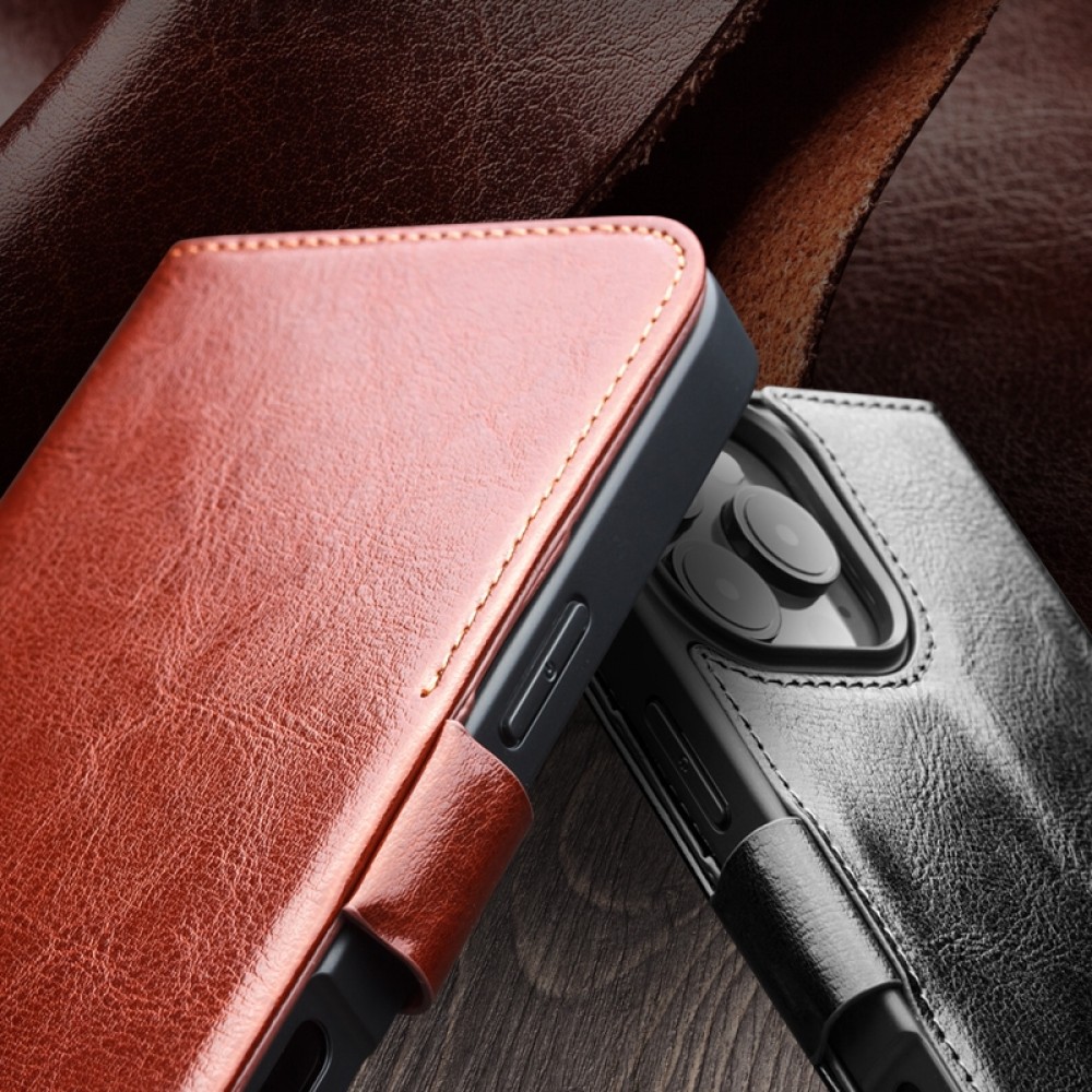 iPhone 16e Case Hülle - Flip Qialino Echtleder mit magnetischem Verschluss - Braun