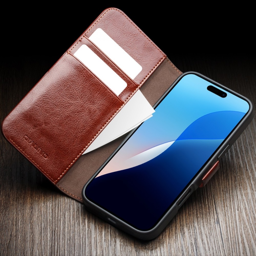 iPhone 16e Case Hülle - Flip Qialino Echtleder mit magnetischem Verschluss - Braun
