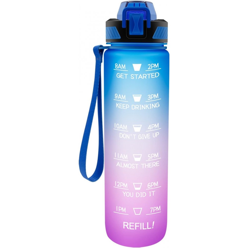 Grosse Wasserflasche 1000ml Stay Hydrated mit Drink-Motivation und Sicherheitsverschluss - Blau/Rosa