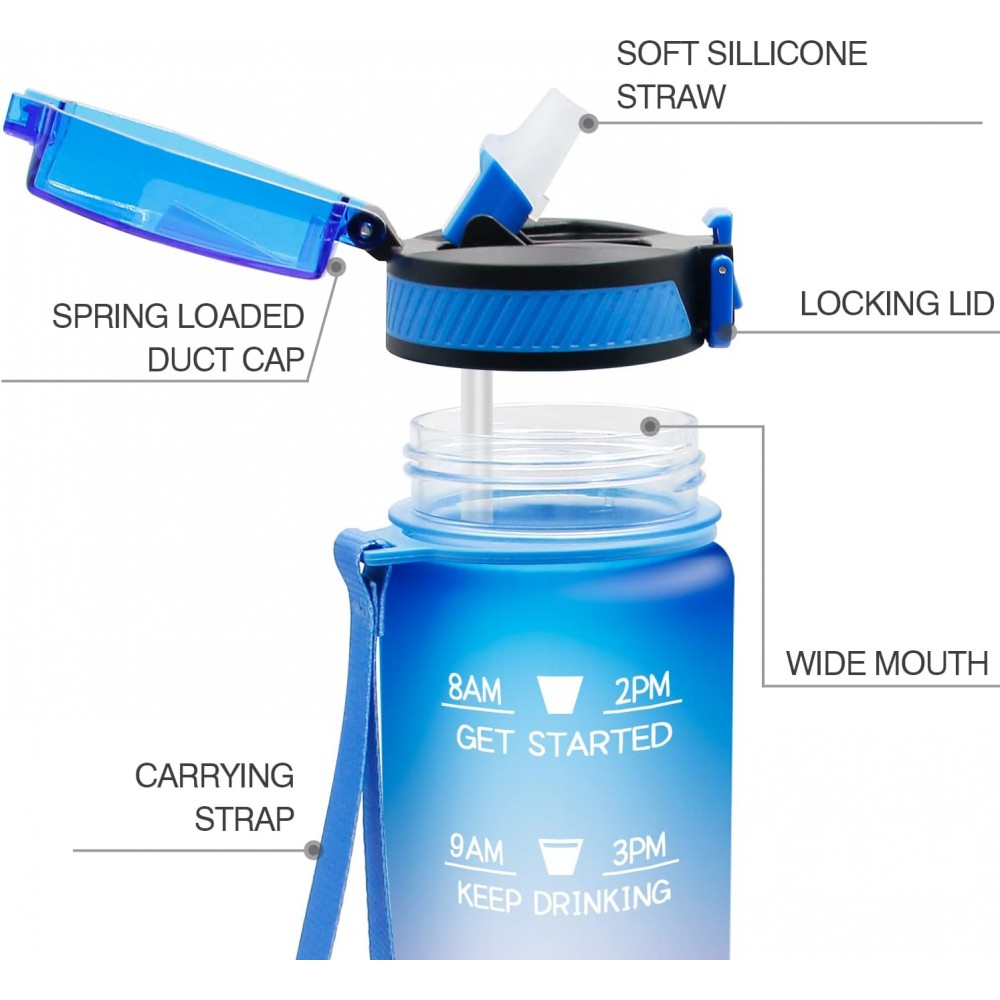 Grosse Wasserflasche 1000ml Stay Hydrated mit Drink-Motivation und Sicherheitsverschluss - Blau/Rosa
