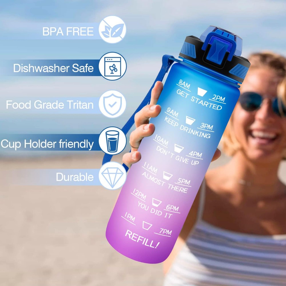Grosse Wasserflasche 1000ml Stay Hydrated mit Drink-Motivation und Sicherheitsverschluss - Blau/Rosa