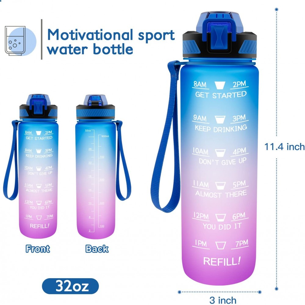 Grosse Wasserflasche 1000ml Stay Hydrated mit Drink-Motivation und Sicherheitsverschluss - Blau/Rosa