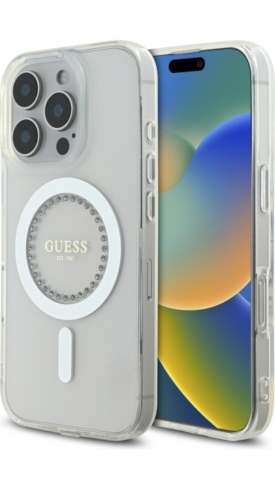 iPhone 16 Pro Max Case Hülle - Guess Strass IML MagSafe - Weiss