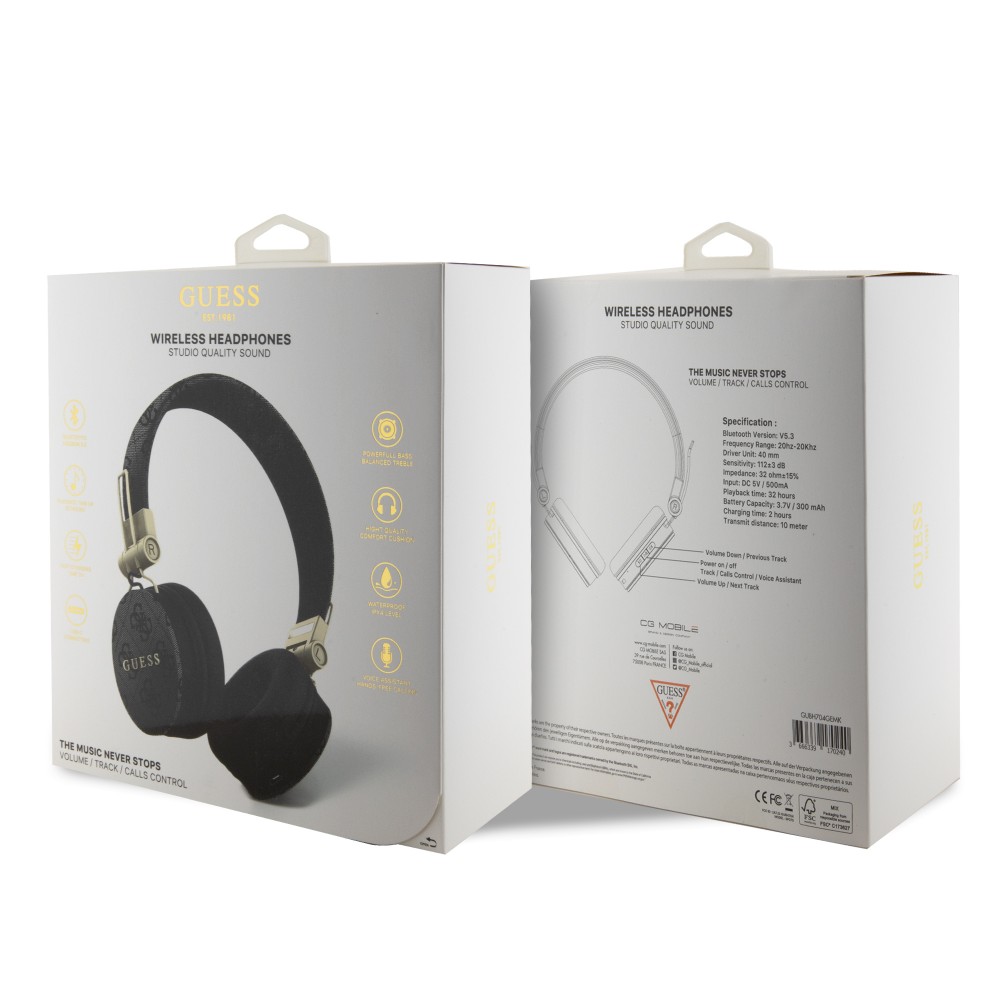 Guess Premium-Audio-Kopfhörer drahtlos On-Ear Headphones Bluetooth 5.3 - Studio Quality Sound - Leder Monogramm - Schwarz