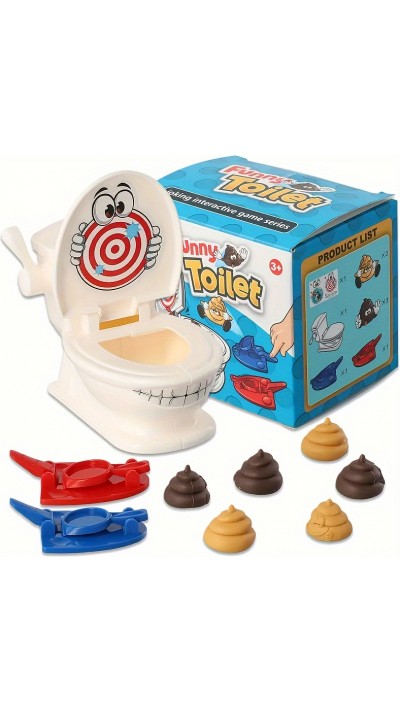 Lustiges Toilettenschiessen Spielset mit Cartoon-Toilette 2 Launcher 6 Plastik-Kotfiguren Kinderparty Spiel