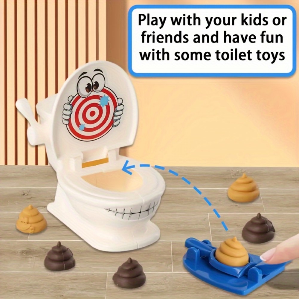 Lustiges Toilettenschiessen Spielset mit Cartoon-Toilette 2 Launcher 6 Plastik-Kotfiguren Kinderparty Spiel
