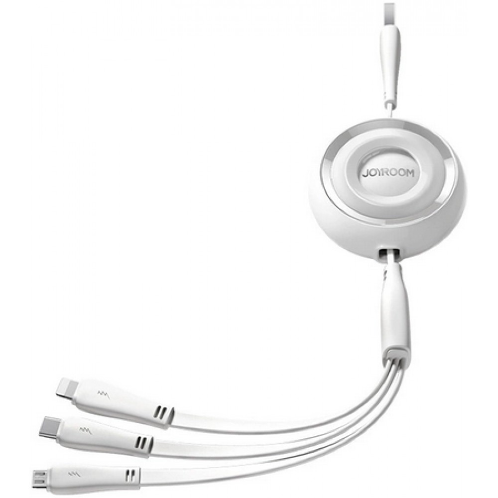 Joyroom 3 in 1 einziehbares Kabel 1m USB-A auf USB-C + Lightning + microUSB - Weiss