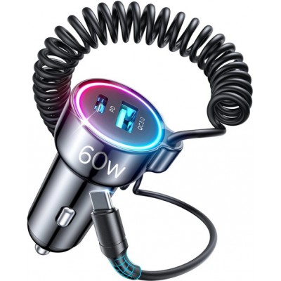 Joyroom 3in1 Zigarettenanzünder Adapter 60W Fast Charger mit integriertem USB-C Kabel & USB-C + USB-A QC3.0 Anschluss