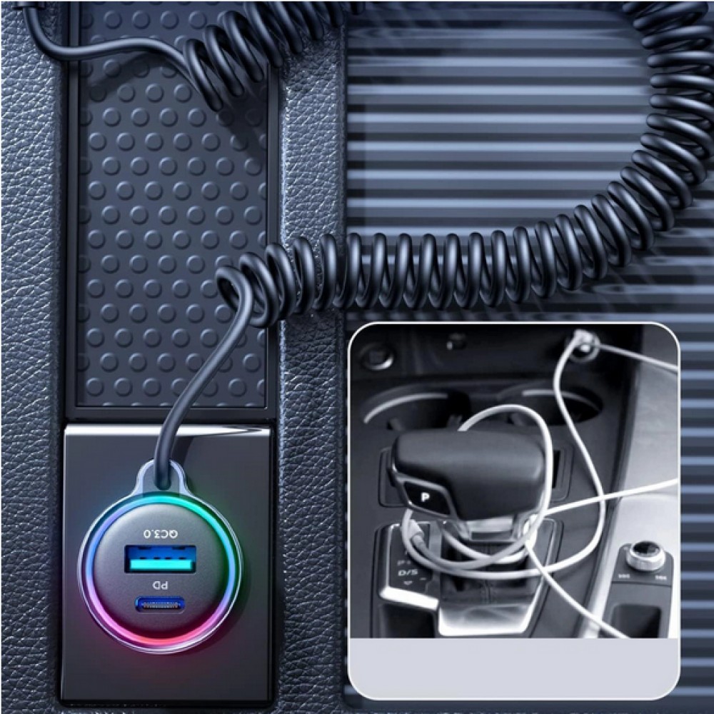 Joyroom Adaptateur allume-cigare 3en1 60W Fast Charger avec câble USB-C intégré & port USB-C + USB-A QC3.0 (JR-CL07)