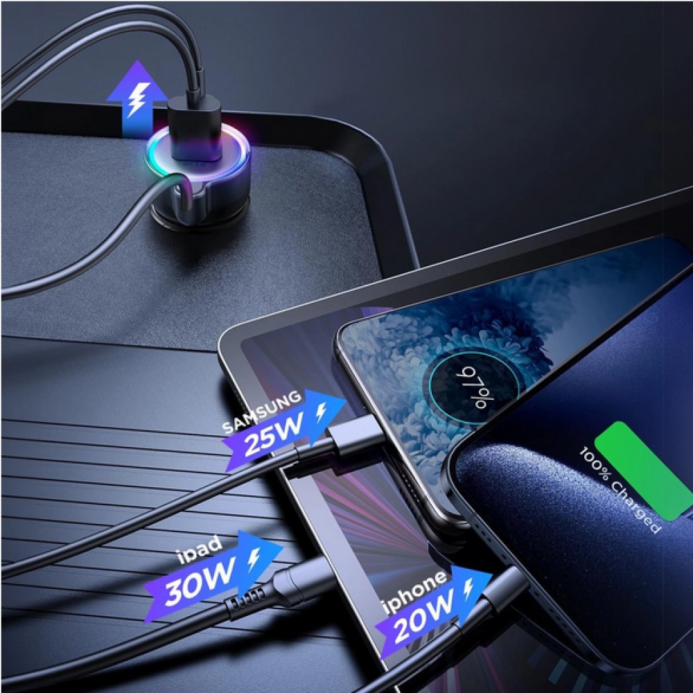 Joyroom Adaptateur allume-cigare 3en1 60W Fast Charger avec câble USB-C intégré & port USB-C + USB-A QC3.0 (JR-CL07)