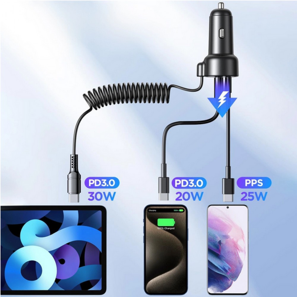 Joyroom Adaptateur allume-cigare 3en1 60W Fast Charger avec câble USB-C intégré & port USB-C + USB-A QC3.0 (JR-CL07)