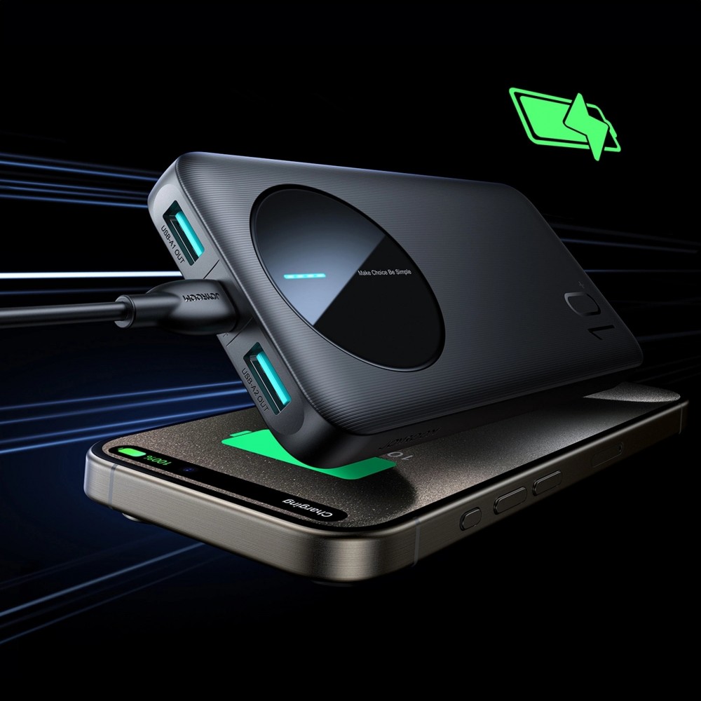 Joyroom Powerbank 3 en 1 avec capacit&eacute; de 10000mAh clean Design 2x USB-A 2.4 & 1x USB-C (In+Out) - Noir