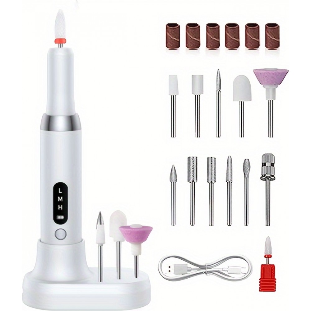 Elektrisches USB-C wiederaufladbares Maniküre-Set mit einstellbarer Geschwindigkeit und professionellem Zubehör - Weiß