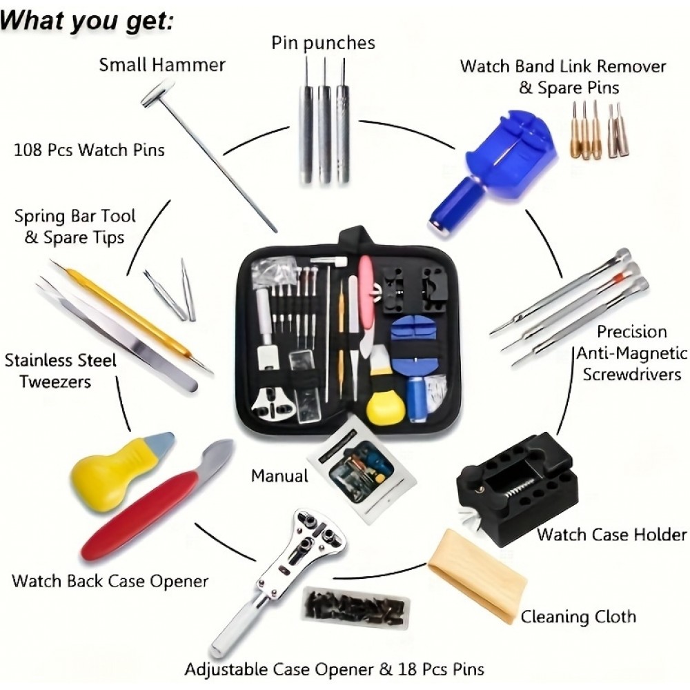 Uhren Reparatur Werkzeug Set (147 Teile) - Komplettes Uhrenmacher Kit - Schwarz
