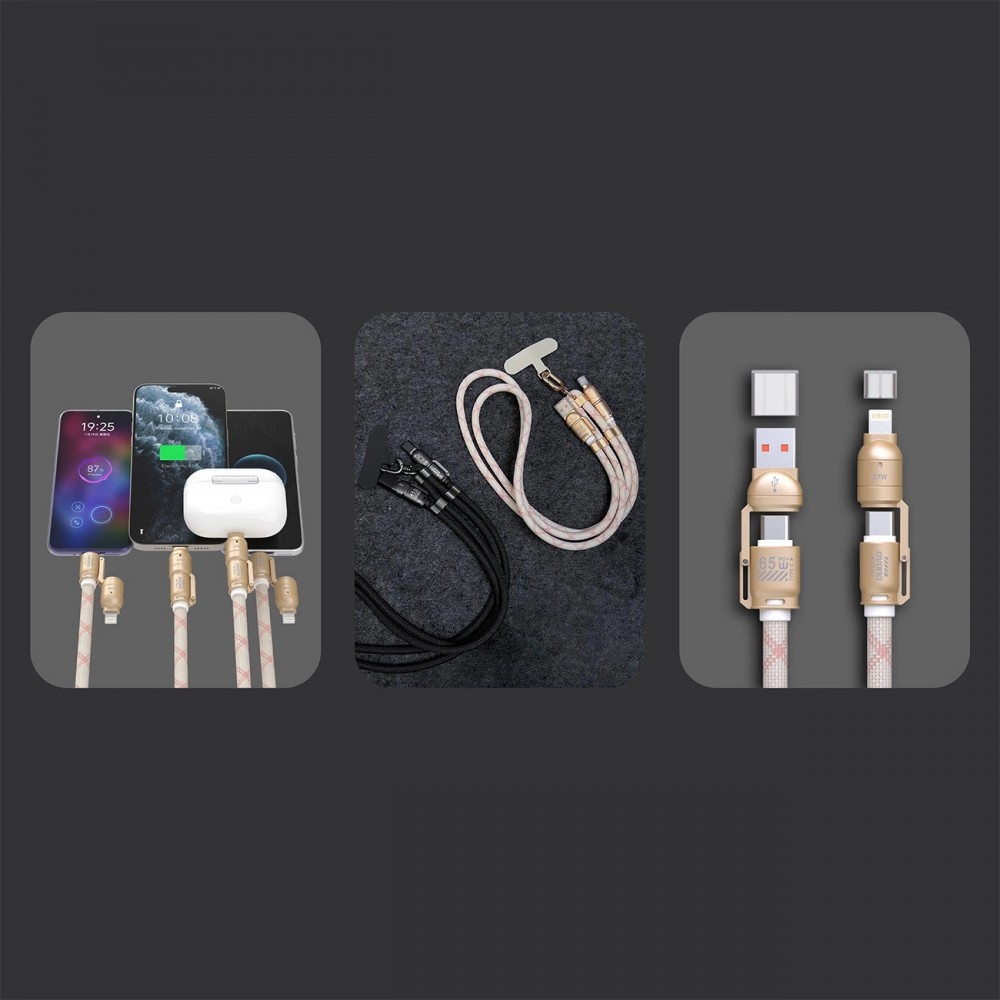 Lanière câble 4 en 1 Dudao L20MAX USB-A / USB-C / Lightning PD QC 65W (1.5 m) - Rose