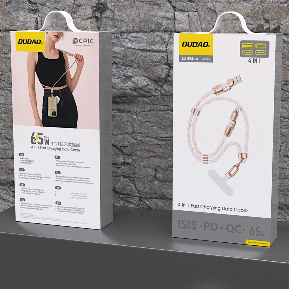 Lanière câble 4 en 1 Dudao L20MAX USB-A / USB-C / Lightning PD QC 65W (1.5 m) - Rose