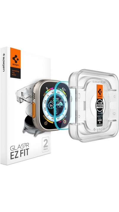 Spigen Glas.tR EZ Fit 2er Set gehärtetes Glas Schutzfolie mit Montagerahmen - Apple Watch Ultra / Ultra 2 (49 mm)