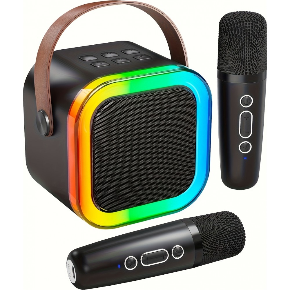 Kabellose Bluetooth Mini Karaoke Lautsprecher mit Mikrofon und LED-Lichtern (inkl. 2 Mikrofone) - Schwarz