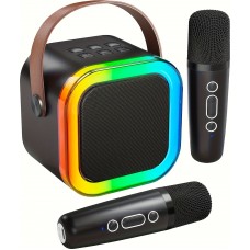 Kabellose Bluetooth Mini Karaoke Lautsprecher mit Mikrofon und LED-Lichtern (inkl. 2 Mikrofone) - Schwarz